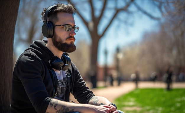Zrelaksowany mężczyzna słuchający muzyki przez słuchawki w parku Ilustracja Generative AI