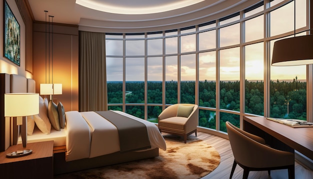 Zrelaksuj się w wielkim, luksusowym pokoju hotelowym z zapierającym dech w piersiach widokiem na generatywną sztuczną inteligencję lasu