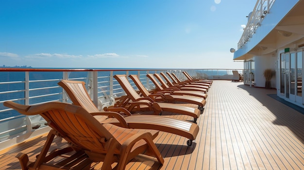 Zrelaksuj się w wielkim stylu na rozległym i nieskazitelnym pokładzie statku wycieczkowego z rzędami leżaków pod czystym, błękitnym niebem