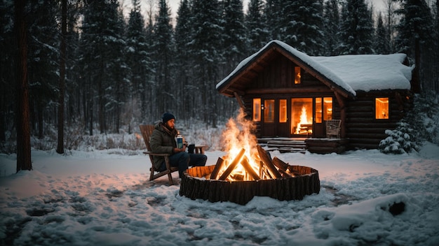 Zrób kontrast między zimnym krajobrazem zimnym a ciepłem ognia Zrób zdjęcie lasu z bonfi