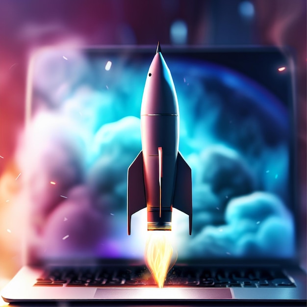 Zrób zdjęcie ikony rakiety wystrzelonej przez generatywną sztuczną inteligencję ekranu laptopa