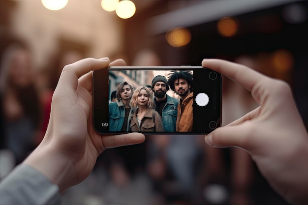 Zdjęcie zrobienie grupowego selfie w zmierzchu za pomocą kamery smartfona