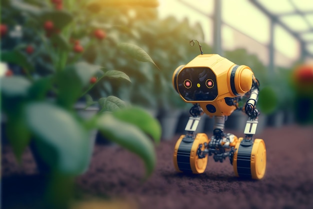 Zrobotyzowany robot rolniczy pracujący w szklarni generowany przez sztuczną inteligencję