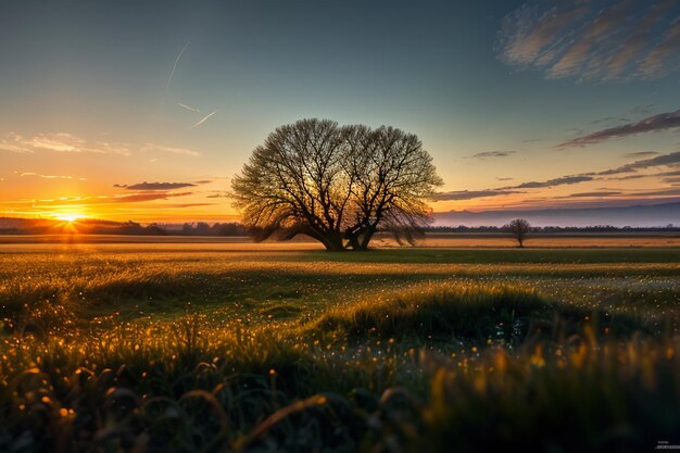 zroszona łąka o świcie wschód słońca zachód słońca najpiękniejsza naturalna sceneria tapeta w tle