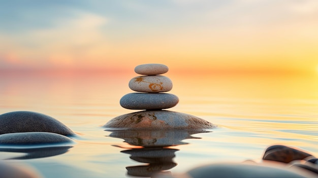 Zrównoważone kamienie Zen na plaży generowane przez sztuczną inteligencję
