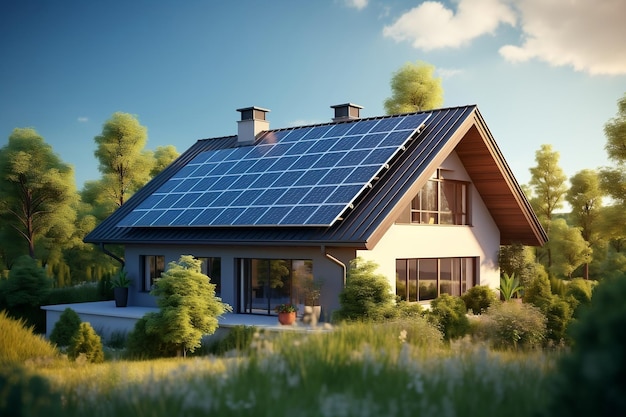 Zrównoważone panele słoneczne na dachu domu Generatywna sztuczna inteligencja