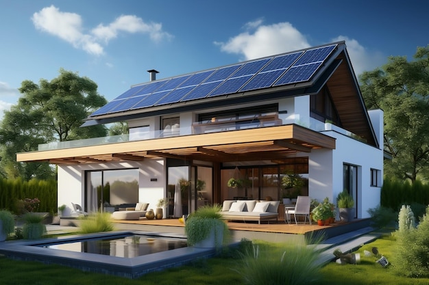 Zrównoważone panele słoneczne na dachu domu Generatywna sztuczna inteligencja