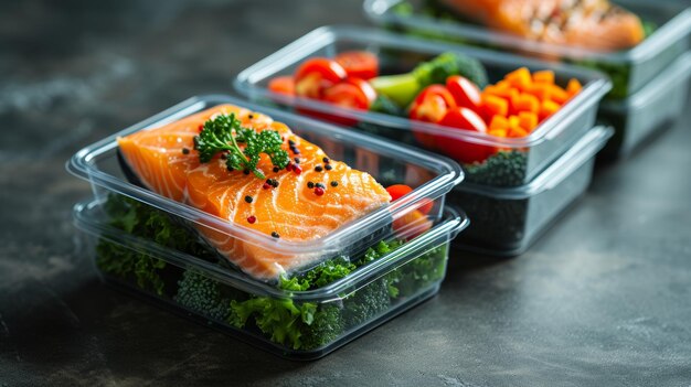 Zrównoważone pojemniki do przygotowywania posiłków pokazujące kontrolę porcji i odżywcze nawyki żywieniowe