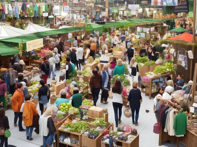 Zdjęcie zrównoważone zakupy to tętniący życiem rynek prezentujący produkty przyjazne dla środowiska