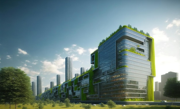 Zrównoważone zielone miasto z futurystycznym budynkiem biurowym i architekturą