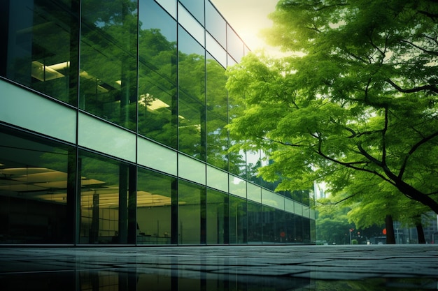Zrównoważony budynek szklany z zielonymi gałęziami drzew promujący świadomość ekologiczną