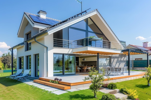 Zrównoważony i nowy dom przyjazny dla środowiska z panelami słonecznymi na dachu pod jasnym niebem