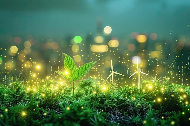 Zdjęcie zrównoważony klimat wizualizacje ilustracja abstrakcyjna wykorzystanie biomasy lub wodoru oraz energii wiatrowej i słonecznej