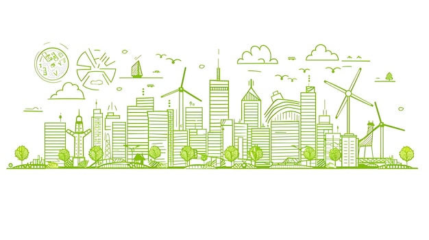 Zrównoważony krajobraz miejski z architekturą energii odnawialnej i przestrzeniami zielonymi
