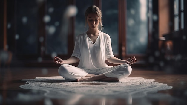 Zrównoważony styl życia kobiety, praktykowanie medytacji i wygenerowanie sztucznej inteligencji zen