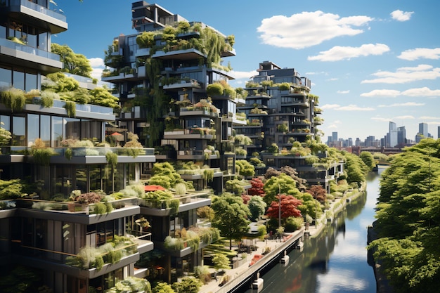 Zrównoważony zielony budynek w nowoczesnym mieście Zielona architektura Ekologiczny budynek Zrównoważone