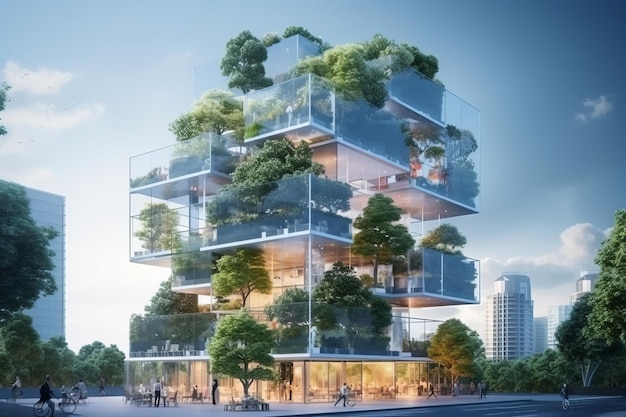 Zrównoważony, zielony, ekologiczny budynek Piękna ilustracja przedstawiająca generatywną sztuczną inteligencję