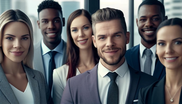 Zróżnicowana grupa biznesowa uśmiecha się Ludzie stojący w biurze z widokiem na miasto uśmiechają się i patrzą w kamerę po zakończeniu pracy Generacyjna sztuczna inteligencja