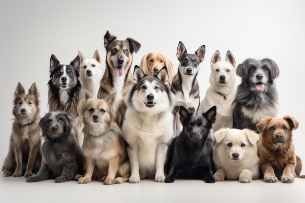 Zróżnicowana grupa psów na białym tle
