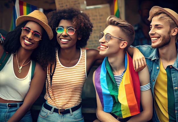 Zróżnicowani młodzi przyjaciele świętujący festiwal dumy gejowskiej Koncepcja społeczności LGBTQ Wygeneruj Ai