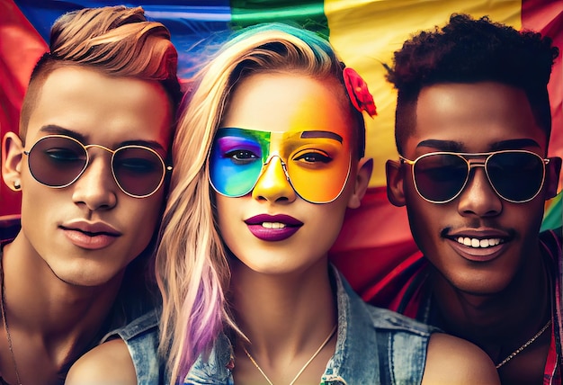 Zróżnicowani młodzi przyjaciele świętujący festiwal dumy gejowskiej Koncepcja społeczności LGBTQ Wygeneruj Ai