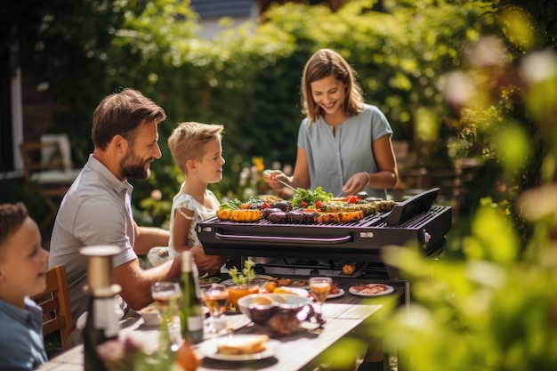 Zróżnicowani nastolatkowie i przyjaciele urządzają piknik z grillem w ogrodzie Generacyjna AI