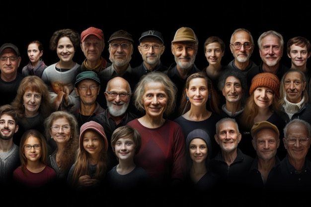Zróżnicowany i zjednoczony tłum osób stojących blisko na jednolitym czarnym tle Portrety ludzi wielu pokoleń jako panorama Wygenerowane przez sztuczną inteligencję