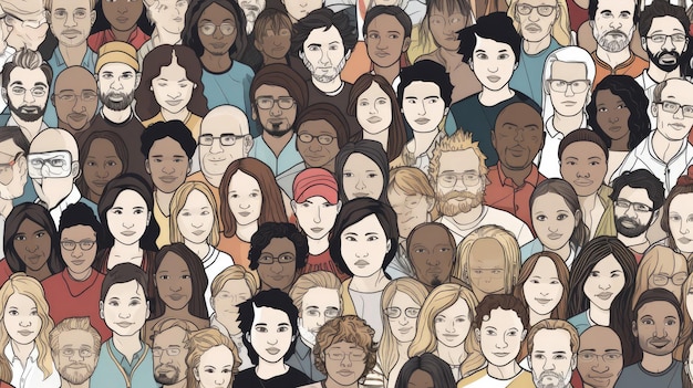 Zróżnicowany tłum ludzi płynny sztandar 100 różnych ręcznie rysowanych twarzy różnych grup etnicznych