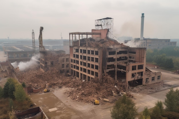 Zrujnowana fabryka z zepsutymi maszynami dym wciąż unoszący się z kominów