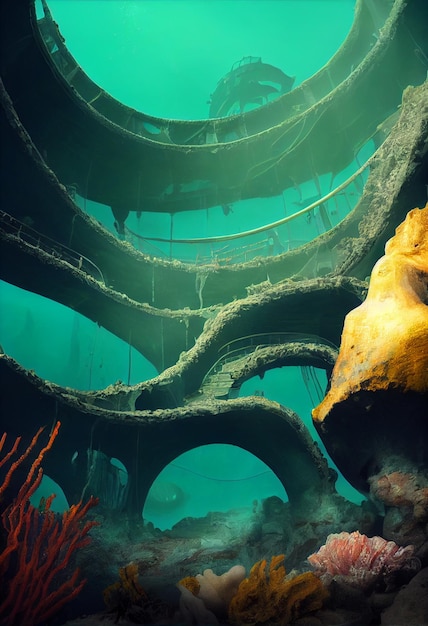 Zrujnowane zaginione miasto podwodna ilustracja 3d fantasy