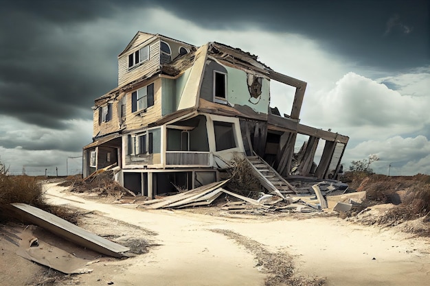 Zdjęcie zrujnowany rodzinny dom na przedmieściach po huraganie