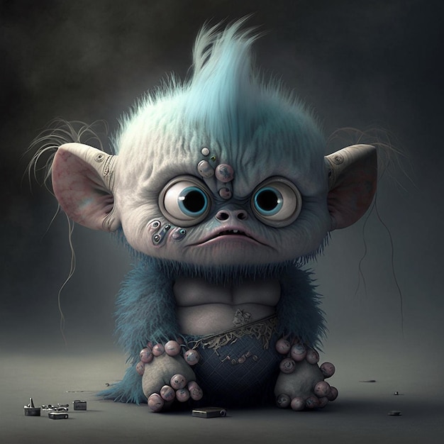 Zrzędliwy troll o niebieskich oczach siedzi na ciemnym tle.
