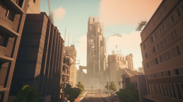 Zrzut ekranu przedstawiający miasto z dużym budynkiem w tle.