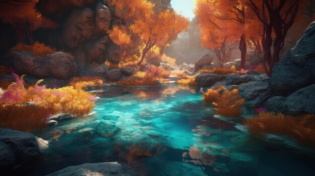 Zrzut ekranu przedstawiający rzekę z niebieskim niebem i pomarańczowymi drzewami.