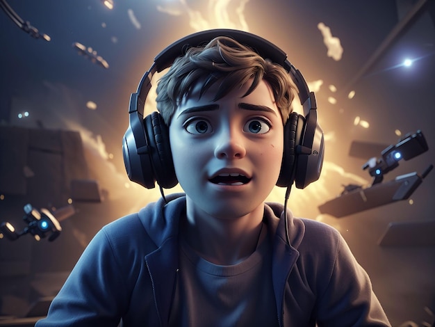 Zszokowany chłopiec bawi się koncepcją technologii i rozrywki internetowych gier wideo ufo