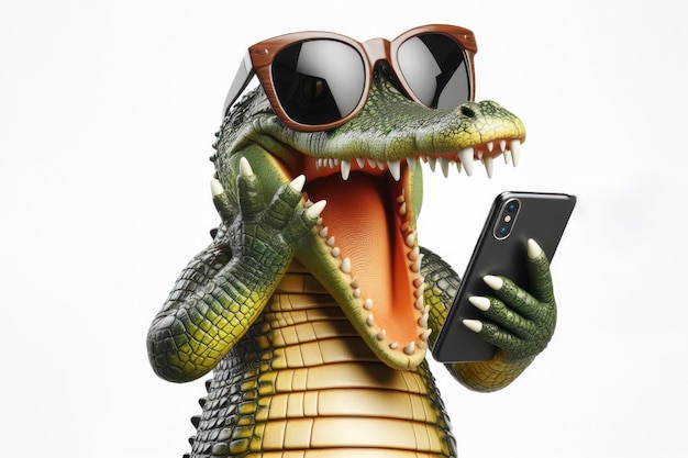 Zszokowany krokodyl w okularach przeciwsłonecznych trzymający smartfon na białym tle