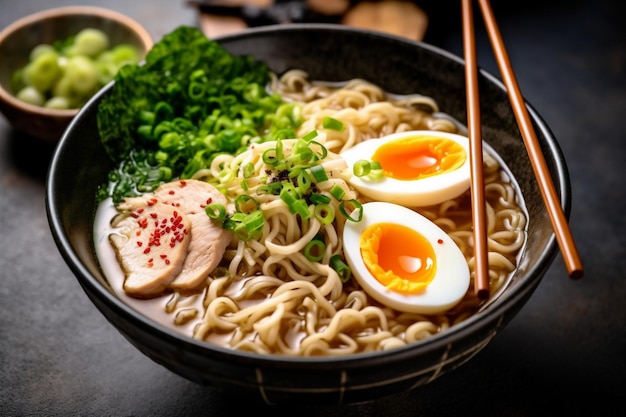 Zupa azjatycka ramen japońska miska jedzenia posiłek warzywo chopstick makaron Generatywny AI