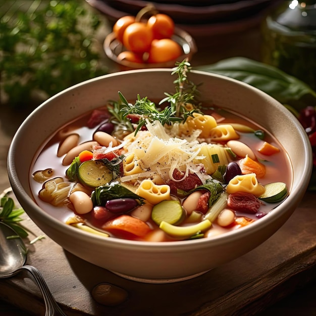 Zupa minestrone z makaronem, warzywami i serem Kuchnia włoska