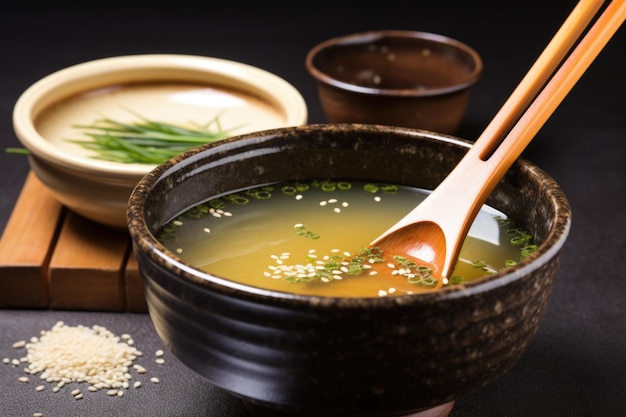 Zdjęcie zupa miso w ceramicznej misce z drewnianą łyżką do zupy