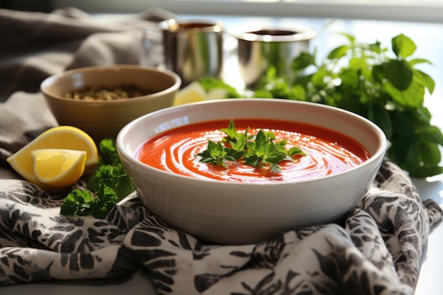 Zdjęcie zupa pomidorowa z ziołami na białym talerzu