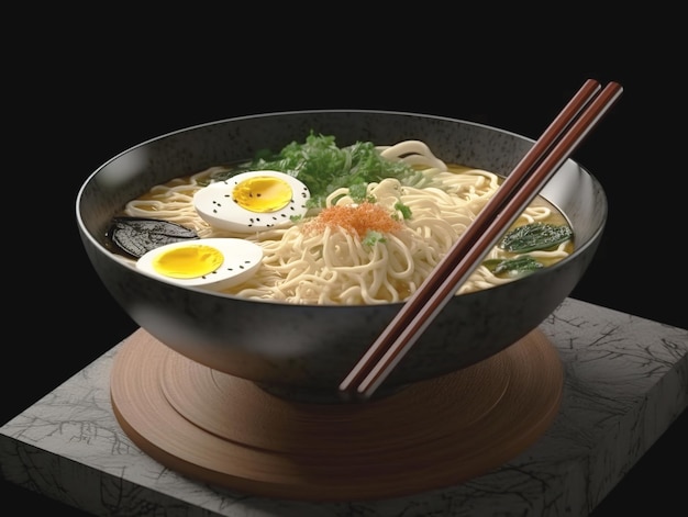 Zupa ramen z makaronem pora nori miękkim jajkiem i kurczakiem chashu na ciemnym tle Pałeczki trzymają makaron