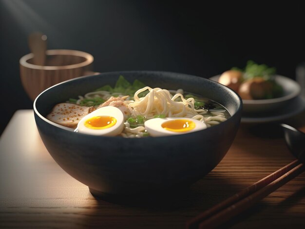 Zupa ramen z makaronem pora nori miękkim jajkiem i kurczakiem chashu na ciemnym tle Pałeczki trzymają makaron