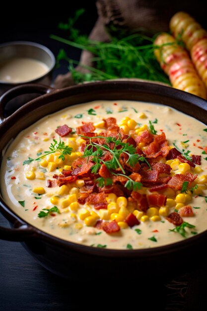Zdjęcie zupa śmietana z kukurydzą i bekonem selektywne skupienie