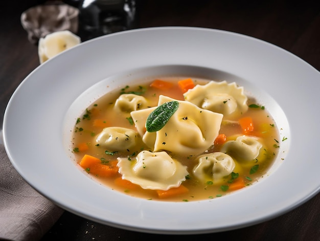 Zupa tortellini z groszkiem i marchewką Selective focus generative ai