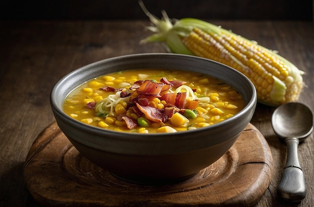 Zdjęcie zupa z kukurydzy i jęczmienia z bekonem i kapustą