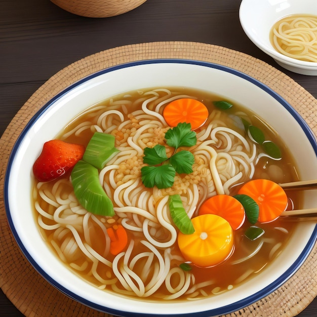 Zupa z makaronu Ramen na stole z różnymi rodzajami owoców