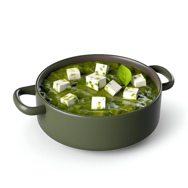 Zupa ze szpinaku zielonego z serem feta na patelni na białym tle