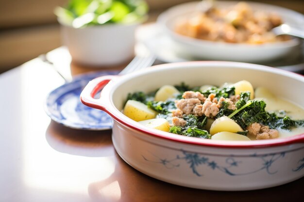 Zdjęcie zuppa toscana z kawałkami ziemniaków jasnym światłem dziennym