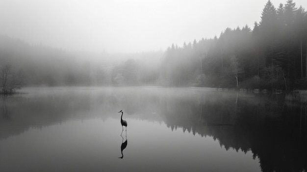 Żuraw na jeziorze w lesie w gęstej mgle czarno-biały obraz