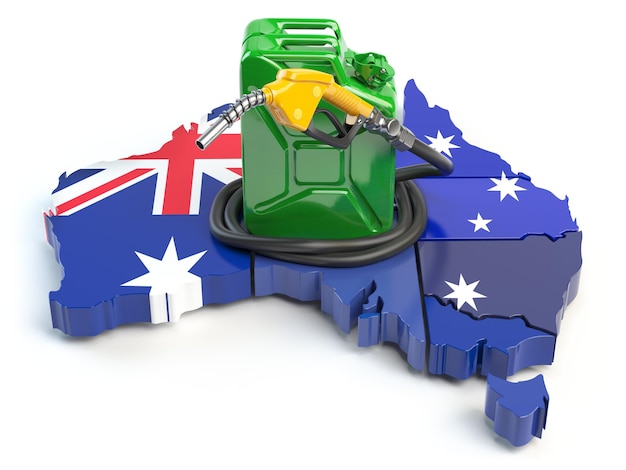 Zużycie i produkcja benzyny i benzyny w Australii Mapa Australii z kanistrem i dyszą pompy benzynowej